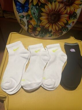 Nike White and The North face Ankle Athletic Socks with Neon Yellow Swoosh .